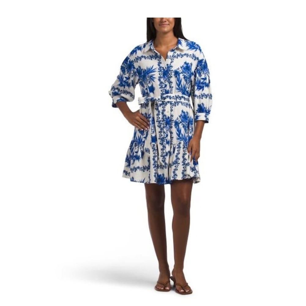 Calypso St. Barth Womens Linen Shirt Dress L Blue Beach Vacay Classic Coastal